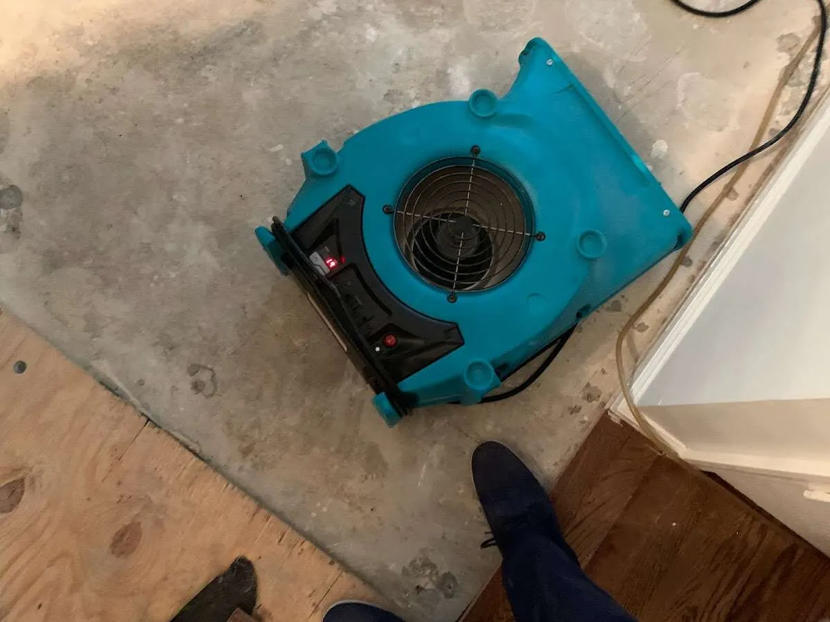 Air mover drying subfloor during Leak Detection & Repair in St. Helena